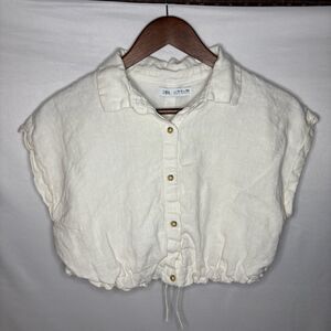Zara Short Sleeve Girls Blouse Cream Size 13-14 100% Linen